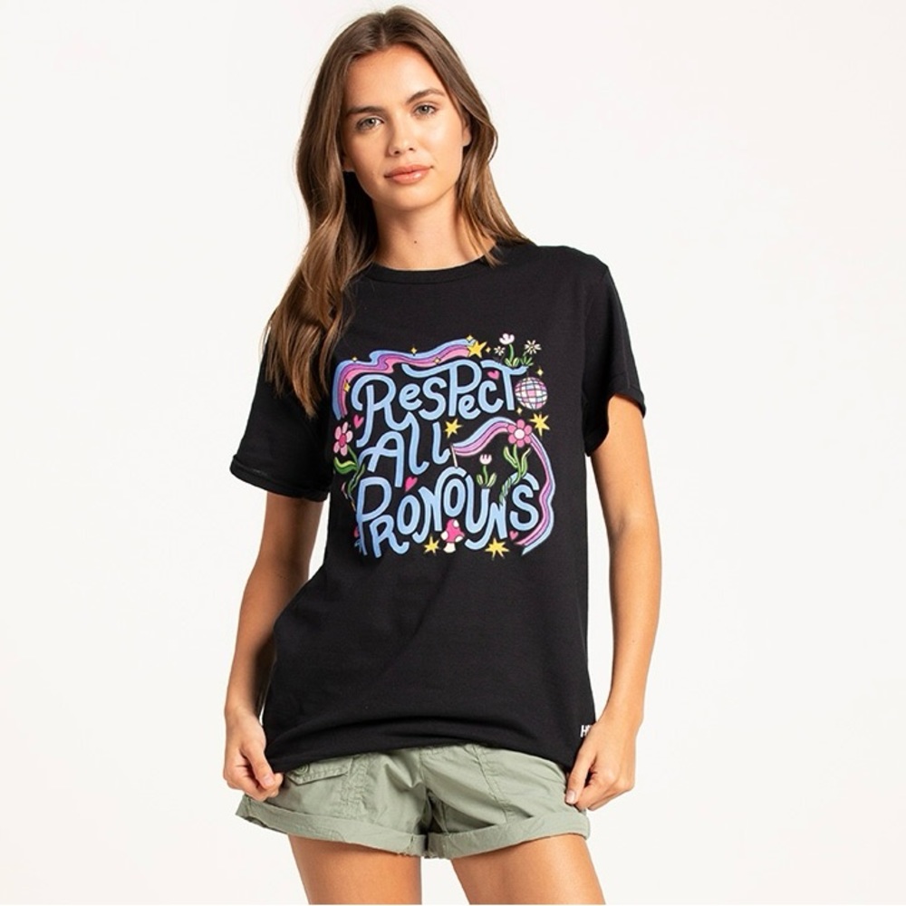 RSQ x Halyn NWT M Respect All Pronouns Black Graphic Floral Rainbow Tee LGBTQ